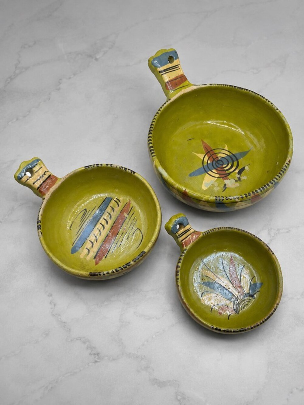1950’s Mexican Tlaquepaque terra cotta nesting bowls, Handpainted folk art